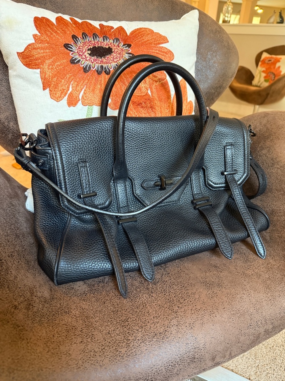 REBECCA MINKOFF SATCHEL BAG  JULES BLK ON BLK LEATHER & HARDWARE w/STRAP EUC - Picture 17 of 17